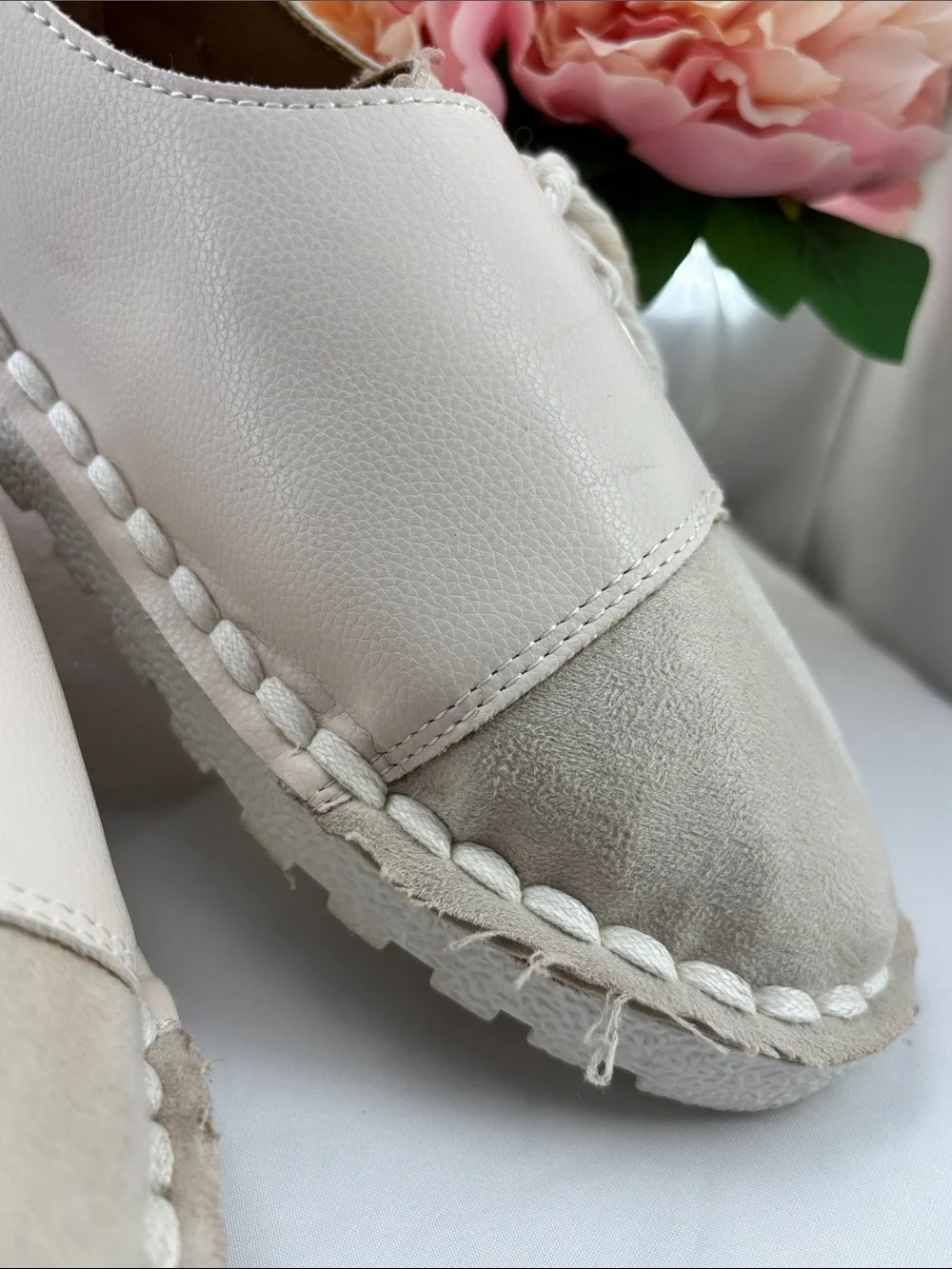 Fashion Women's 9.5 Casual Lace-Up Leather/Suede Flats - White & Cream #743
